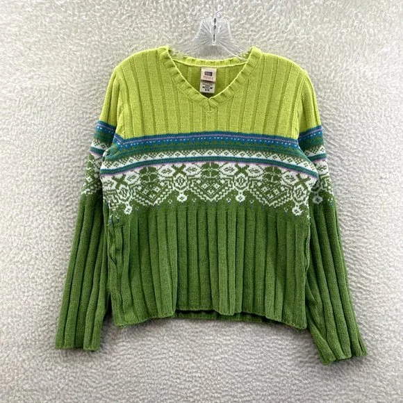 Y2K 2000s Faded Glory Green Fair Isle Icelandic Chenille Knit Sweater M Medium - Picture 1 of 7
